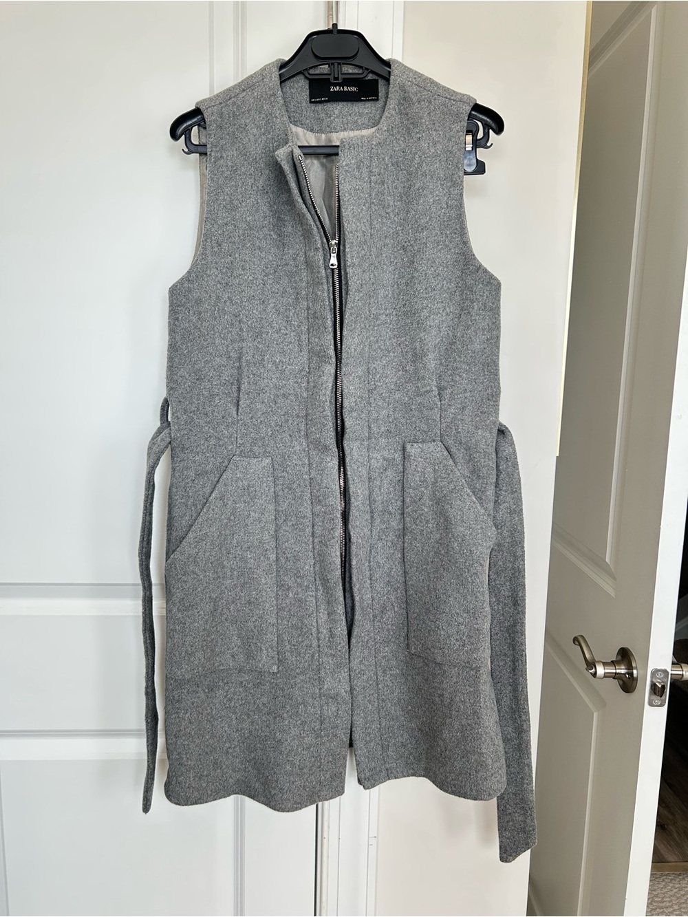 Zara Grey Sleeveless Midi Vest with Tie Waist
